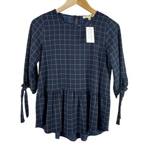 Mimi & Daphne Navy Blue Grid Peplum Top Tie Sleeve Blouse XS NEW